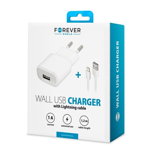 Forever ładowarka sieciowa TC-01 1x USB 1A biała + kabel Lightning Forever ładowarka sieciowa TC-01 1x USB 1A biała + kabel Lightning