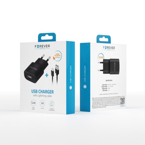 Forever ładowarka sieciowa TC-01 1x USB 2A czarna + kabel Lightning Forever ładowarka sieciowa TC-01 1x USB 2A czarna + kabel Lightning