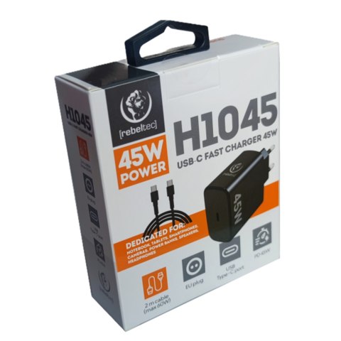 Ładowarka sieciowa Rebeltec H1045 45W z kablem USB-C na USB-C 2m czarna Ładowarka sieciowa Rebeltec H1045 45W z kablem USB-C na USB-C 2m czarna