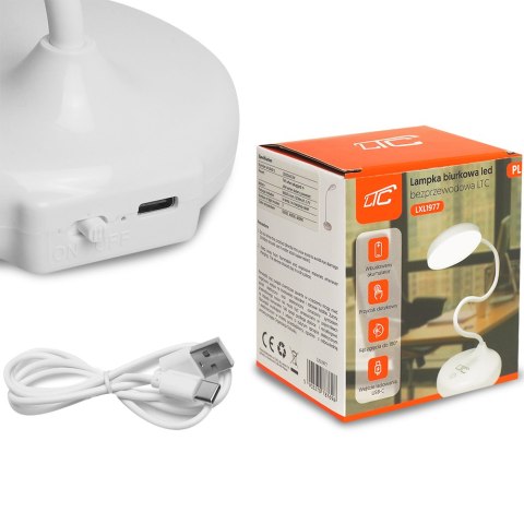 Lampka biurkowa LED 10W, 3000/4500/6000K, ładowanie indukcyjne, dotykowa, ściemniacz, biała, LTC Lampka biurkowa LED 10W, 3000/4500/6000K, ładowanie indukcyjne, dotykowa, ściemniacz, biała, LTC