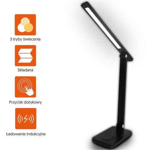 Lampka biurkowa LED 10W, 3000/4500/6000K, ładowanie indukcyjne, dotykowa, ściemniacz, czarna, LTC Lampka biurkowa LED 10W, 3000/4500/6000K, ładowanie indukcyjne, dotykowa, ściemniacz, czarna, LTC