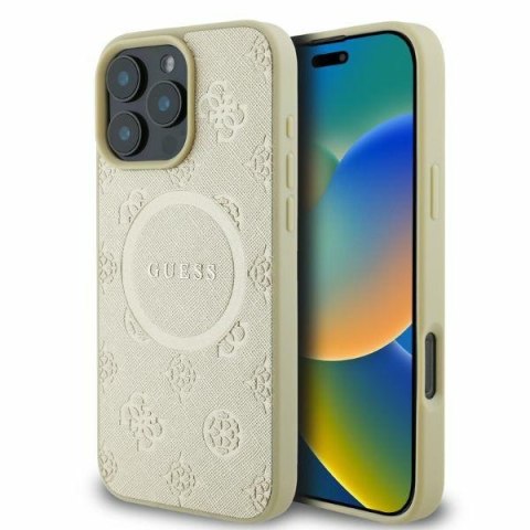 Guess nakładka do iPhone 16 Pro 6,3" GUHMP16LPSAPSMED złota hardcase Saffiano Peony Classic Logo MagSafe