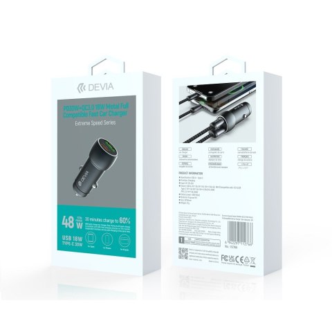 Devia ładowarka samochodowa Extreme PD QC 3.0 30W + 18W 1x USB 1x USB-C grafitowa