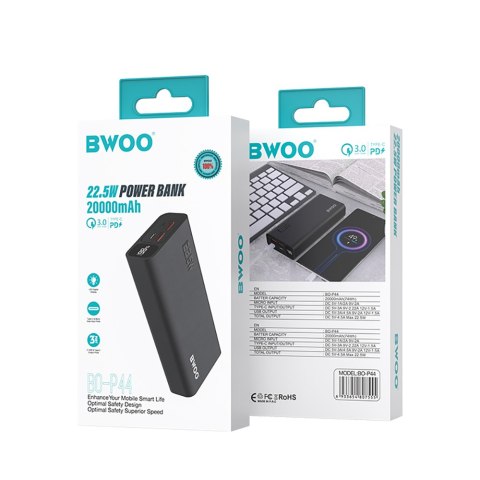 BWOO Power bank 22,5W, 20000 mAh z wyświetlaczem LCD, czarny