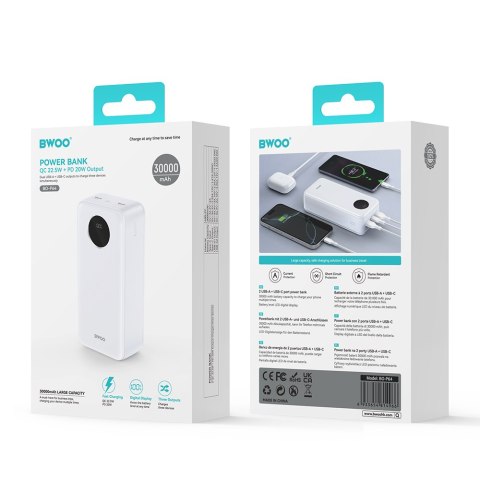 BWOO Power bank 22,5W, 30000 mAh z wyświetlaczem LCD, biały