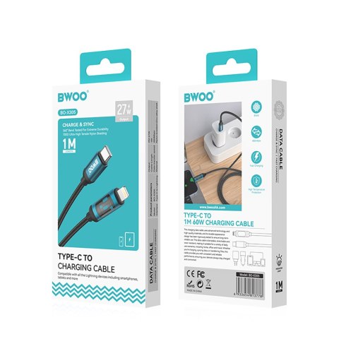 BWOO kabel Pleciony USB-C - Lightning 1m 27W z animowanym podświetleniem czarny