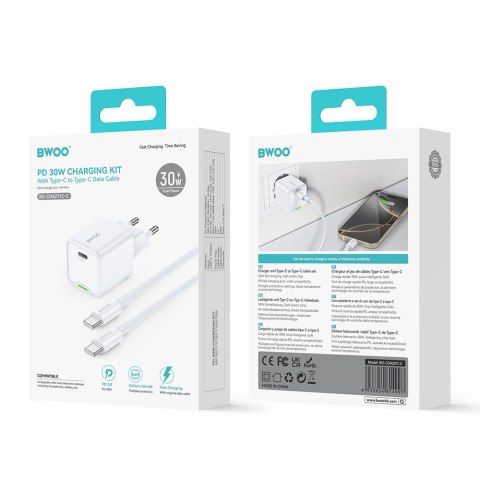 BWOO ładowarka sieciowa GaN 30W USB-C + kabel USB-C - USB-C 60W biała BWOO ładowarka sieciowa GaN 30W USB-C + kabel USB-C - USB-C 60W biała