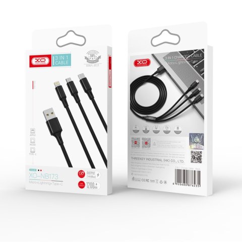 XO kabel NB173 3w1 USB - Lightning + USB-C + microUSB 1,2 m 2,4A czarny XO kabel NB173 3w1 USB - Lightning + USB-C + microUSB 1,2 m 2,4A czarny