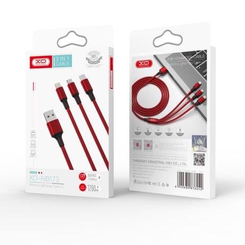 XO kabel NB173 3w1 USB - Lightning + USB-C + microUSB 1,2 m 2,4A czerwony XO kabel NB173 3w1 USB - Lightning + USB-C + microUSB 1,2 m 2,4A czerwony