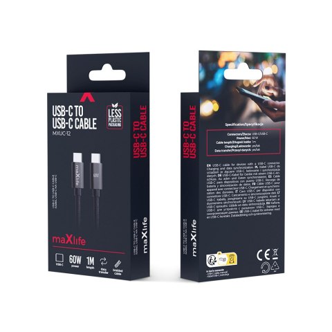 Maxlife kabel MXUC-12 USB-C - USB-C 1,0 m 60W czarny
