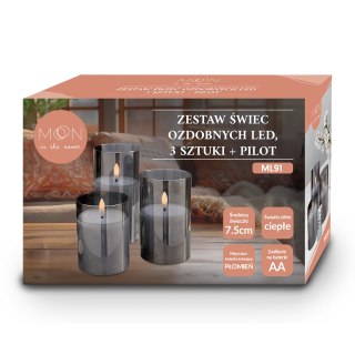 Ozdobne świece LED zestaw 3 szt. dymione szkło + pilot