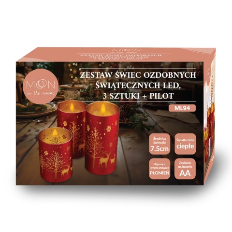 Ozdobne świece LED zestaw 3 szt. świąteczne czerwono-złote + pilot Ozdobne świece LED zestaw 3 szt. świąteczne czerwono-złote + pilot