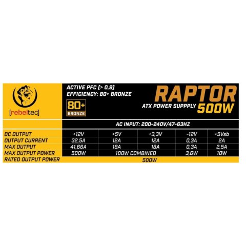 Rebeltec Zasilacz ATX RAPTOR 500W 80+ Bronze, Single Rail, DC-DC