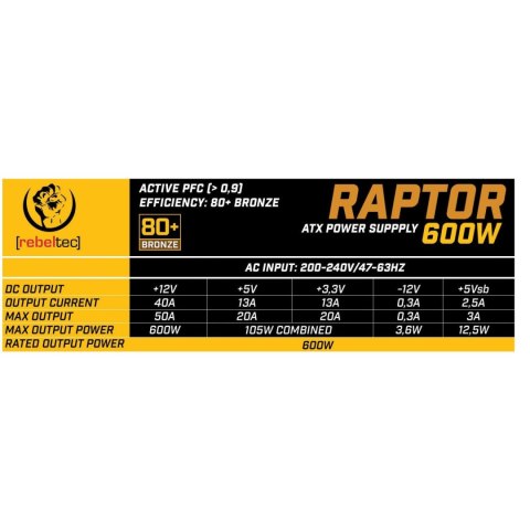 Rebeltec Zasilacz ATX RAPTOR 600W 80+ Bronze, Single Rail, DC-DC
