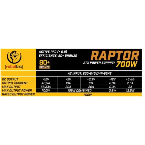 Rebeltec Zasilacz ATX RAPTOR 700W 80+ Bronze, Single Rail, DC-DC