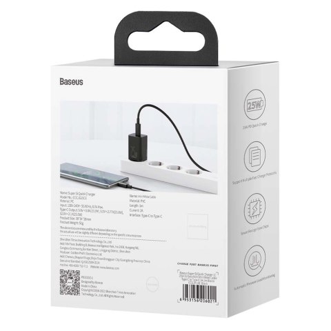 Baseus ładowarka sieciowa Super Si PD 25W 1x USB-C czarna + kabel USB-C - USB-C Baseus ładowarka sieciowa Super Si PD 25W 1x USB-C czarna + kabel USB-C - USB-C