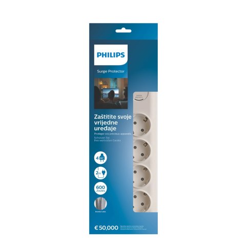 Listwa zasilająca antyprzepięciowa PHILIPS przedłużacz sieciowy 4 gniazda Schuko 2m 16A biała Listwa zasilająca antyprzepięciowa PHILIPS przedłużacz sieciowy 4 gniazda Schuko 2m 16A biała