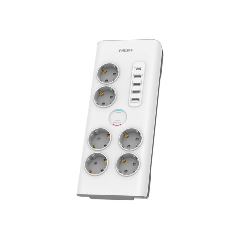 Listwa zasilająca antyprzepięciowa PHILIPS przedłużacz sieciowy 6 gniazd Schuko + 4xUSB-A + 1x USB-C 2m 16A biała Listwa zasilająca antyprzepięciowa PHILIPS przedłużacz sieciowy 6 gniazd Schuko + 4xUSB-A + 1x USB-C 2m 16A biała