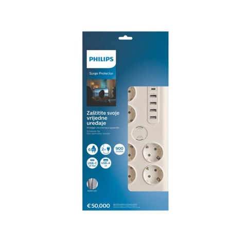 Listwa zasilająca antyprzepięciowa PHILIPS przedłużacz sieciowy 6 gniazd Schuko + 4xUSB-A + 1x USB-C 2m 16A biała Listwa zasilająca antyprzepięciowa PHILIPS przedłużacz sieciowy 6 gniazd Schuko + 4xUSB-A + 1x USB-C 2m 16A biała