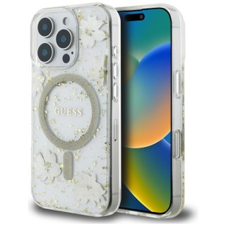Guess Nakładka HC MagSafe Resin Flowers and Glitter do iPhone 16 Pro Beżowa