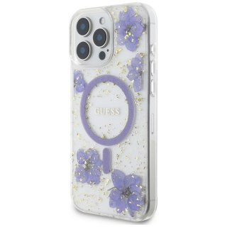 Guess Nakładka HC MagSafe Resin Flowers and Glitter do iPhone 16 Pro Fioletowa