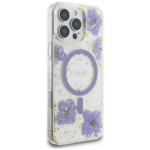 Guess Nakładka HC MagSafe Resin Flowers and Glitter do iPhone 16 Pro Fioletowa