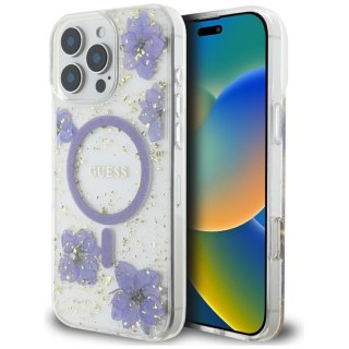 Guess Nakładka HC MagSafe Resin Flowers and Glitter do iPhone 16 Pro Max Fioletowa