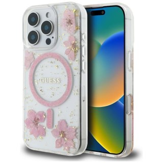Guess Nakładka HC MagSafe Resin Flowers and Glitter do iPhone 16 Pro Max Różowa