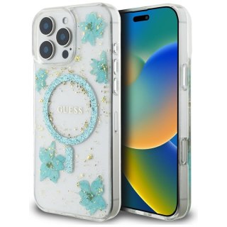 Guess Nakładka HC MagSafe Resin Flowers and Glitter do iPhone 16 Pro Turkusowa