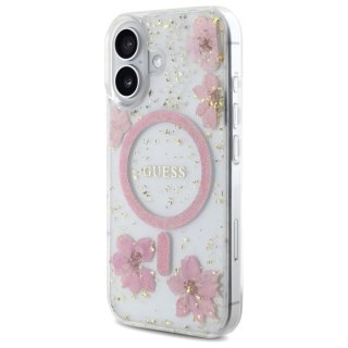 Guess Nakładka HC MagSafe Resin Flowers and Glitter do iPhone 16 Różowa