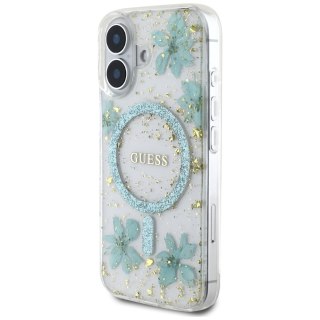 Guess Nakładka HC MagSafe Resin Flowers and Glitter do iPhone 16 Turkusowa