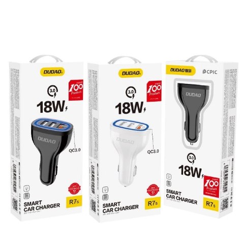 Dudao ładowarka samochodowa szybkie ładowanie Quick Charge 3.0 QC3.0 2.4A 18W 3x USB czarny (R7S black) Dudao ładowarka samochodowa szybkie ładowanie Quick Charge 3.0 QC3.0 2.4A 18W 3x USB czarny (R7S black)