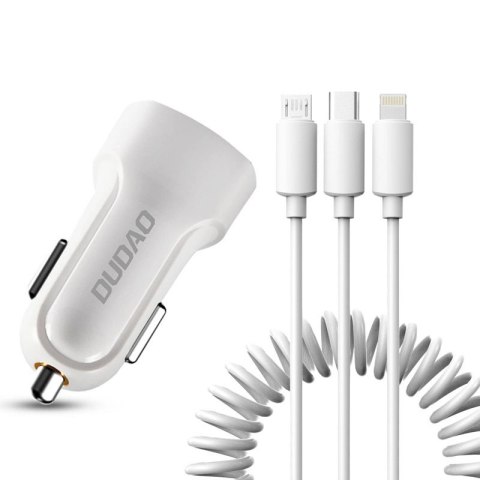 Dudao zestaw samochodowa ładowarka 2x USB 2.4A + kabel przewód USB 3w1 Lightning / Typ C / micro USB biały (R7 white) Dudao zestaw samochodowa ładowarka 2x USB 2.4A + kabel przewód USB 3w1 Lightning / Typ C / micro USB biały (R7 white)