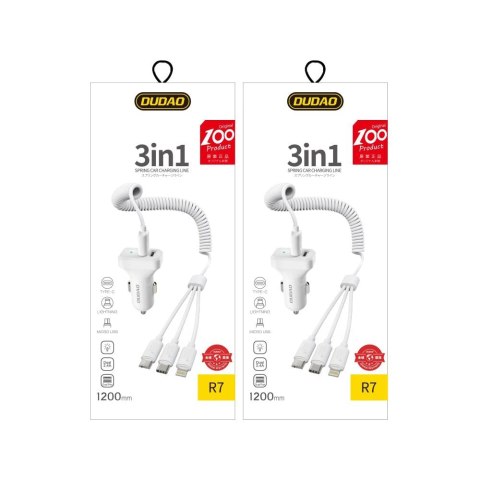 Dudao zestaw samochodowa ładowarka 2x USB 2.4A + kabel przewód USB 3w1 Lightning / Typ C / micro USB biały (R7 white) Dudao zestaw samochodowa ładowarka 2x USB 2.4A + kabel przewód USB 3w1 Lightning / Typ C / micro USB biały (R7 white)