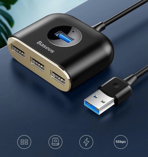 HUB Baseus Square USB-A do 1x USB-A 3.2 Gen 1 / 3x USB 2.0 z kablem 1m - czarny HUB Baseus Square USB-A do 1x USB-A 3.2 Gen 1 / 3x USB 2.0 z kablem 1m - czarny