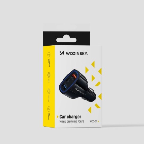 Wozinsky ładowarka samochodowa USB x2 i USB C czarna (WCC-01) Wozinsky ładowarka samochodowa USB x2 i USB C czarna (WCC-01)