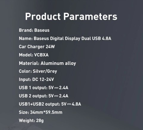 Baseus ładowarka samochodowa 2x USB 4,8A 24W z LCD szary (CCBX-0G) Baseus ładowarka samochodowa 2x USB 4,8A 24W z LCD szary (CCBX-0G)