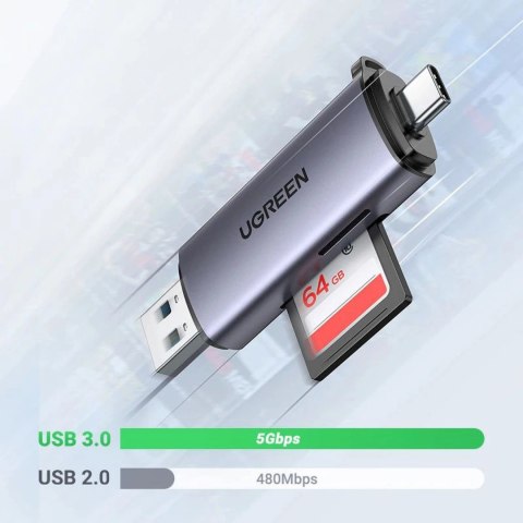 Czytnik Ugreen CM185 50706 do kart SD / micro SD na USB-A 3.0 / USB-C 3.0 - szary Czytnik Ugreen CM185 50706 do kart SD / micro SD na USB-A 3.0 / USB-C 3.0 - szary