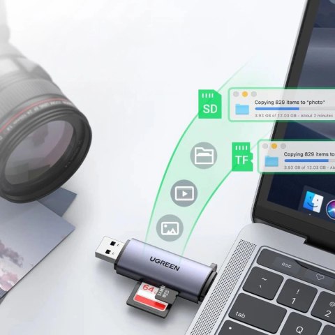 Czytnik Ugreen CM185 50706 do kart SD / micro SD na USB-A 3.0 / USB-C 3.0 - szary Czytnik Ugreen CM185 50706 do kart SD / micro SD na USB-A 3.0 / USB-C 3.0 - szary