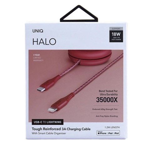 Kabel MFi UNIQ Halo USB-C / Lightning 18W nylonowy zwijany 1,2m - czerwony