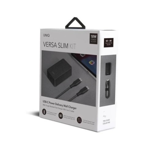 Ładowarka sieciowa UNIQ Versa Slim LITHOS Collective USB-C PD 18W + kabel USB-C / USB-C - czarna Ładowarka sieciowa UNIQ Versa Slim LITHOS Collective USB-C PD 18W + kabel USB-C / USB-C - czarna