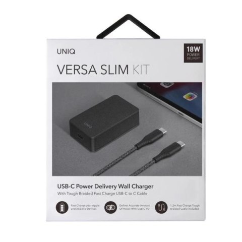 Ładowarka sieciowa UNIQ Versa Slim LITHOS Collective USB-C PD 18W + kabel USB-C / USB-C - czarna Ładowarka sieciowa UNIQ Versa Slim LITHOS Collective USB-C PD 18W + kabel USB-C / USB-C - czarna