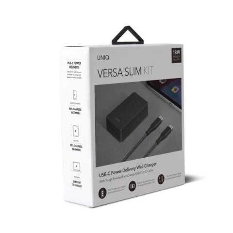 Ładowarka sieciowa UNIQ Versa Slim LITHOS Collective USB-C PD 18W + kabel USB-C / USB-C - czarna Ładowarka sieciowa UNIQ Versa Slim LITHOS Collective USB-C PD 18W + kabel USB-C / USB-C - czarna