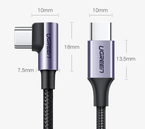 Kabel Ugreen US255 50123 USB-C (prosty) / USB-C (kątowy) PD QC 60W 3A 1m - szary Kabel Ugreen US255 50123 USB-C (prosty) / USB-C (kątowy) PD QC 60W 3A 1m - szary