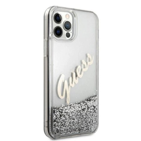 Etui Guess Glitter Vintage Script na iPhone 12 Pro Max - srebrne