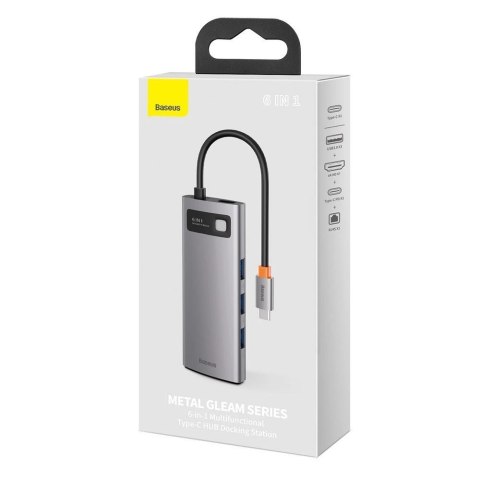 HUB Baseus Metal Gleam 6w1 USB-C - USB-C PD 100W 1x HDMI 4K 30Hz 3x USB-A 3.2 1x RJ45 - szary HUB Baseus Metal Gleam 6w1 USB-C - USB-C PD 100W 1x HDMI 4K 30Hz 3x USB-A 3.2 1x RJ45 - szary