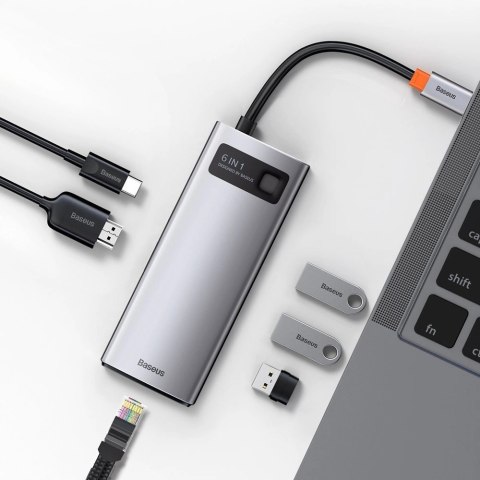 HUB Baseus Metal Gleam 6w1 USB-C - USB-C PD 100W 1x HDMI 4K 30Hz 3x USB-A 3.2 1x RJ45 - szary HUB Baseus Metal Gleam 6w1 USB-C - USB-C PD 100W 1x HDMI 4K 30Hz 3x USB-A 3.2 1x RJ45 - szary