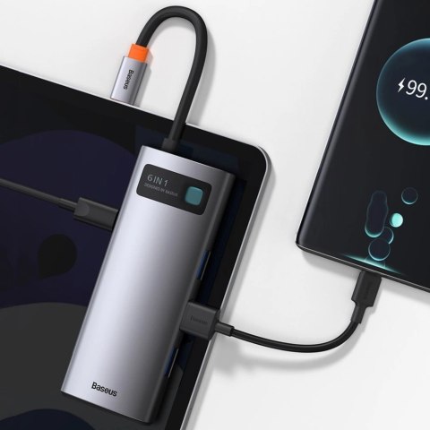 HUB Baseus Metal Gleam 6w1 USB-C - USB-C PD 100W 1x HDMI 4K 30Hz 3x USB-A 3.2 1x RJ45 - szary HUB Baseus Metal Gleam 6w1 USB-C - USB-C PD 100W 1x HDMI 4K 30Hz 3x USB-A 3.2 1x RJ45 - szary