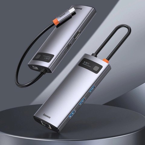 HUB Baseus Metal Gleam 6w1 USB-C - USB-C PD 100W 1x HDMI 4K 30Hz 3x USB-A 3.2 1x RJ45 - szary HUB Baseus Metal Gleam 6w1 USB-C - USB-C PD 100W 1x HDMI 4K 30Hz 3x USB-A 3.2 1x RJ45 - szary