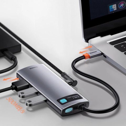 HUB Baseus Metal Gleam 6w1 USB-C - USB-C PD 100W 1x HDMI 4K 30Hz 3x USB-A 3.2 1x RJ45 - szary HUB Baseus Metal Gleam 6w1 USB-C - USB-C PD 100W 1x HDMI 4K 30Hz 3x USB-A 3.2 1x RJ45 - szary